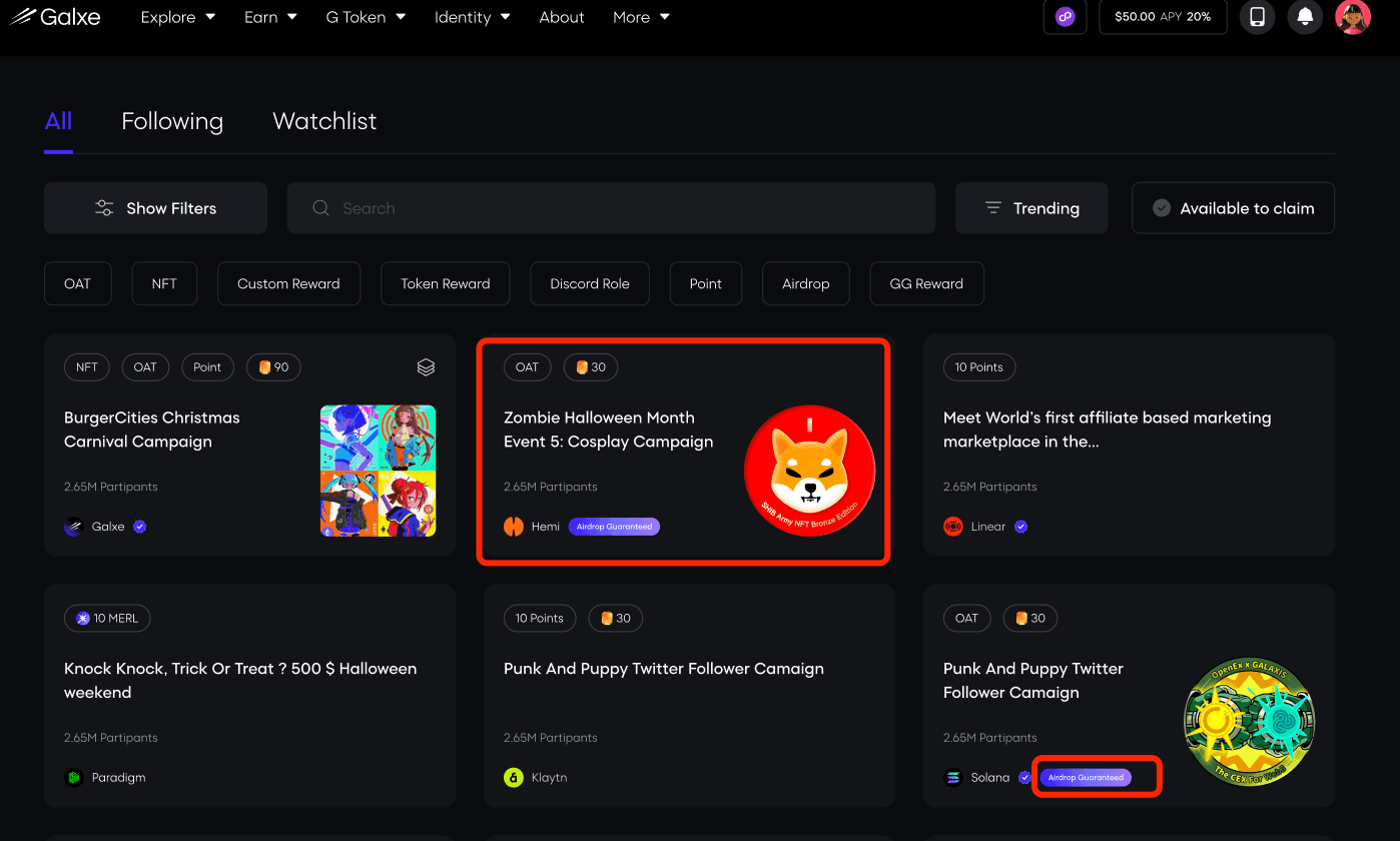 Preview of the Airdrop Tag on Quest Explore page. 