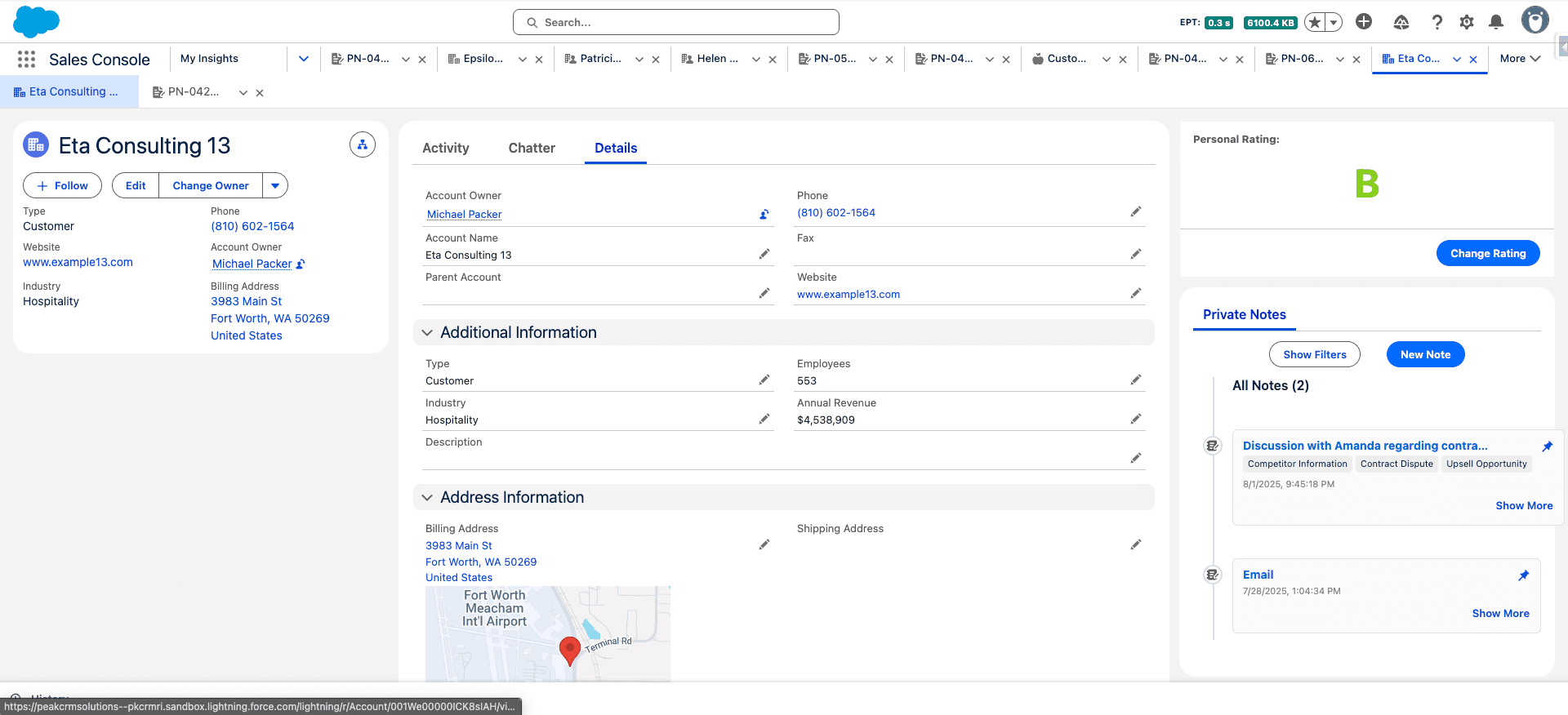 Account view displaying the Private Notes Timeline