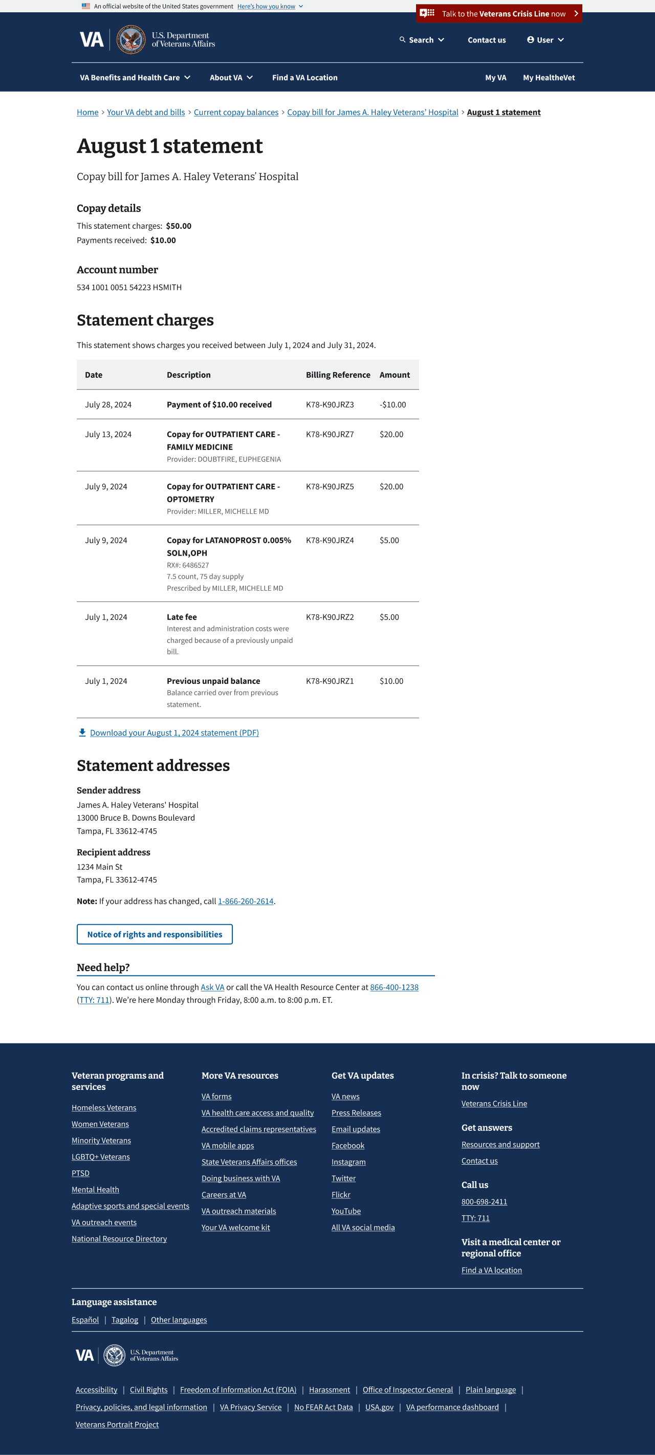 Past copay statement page