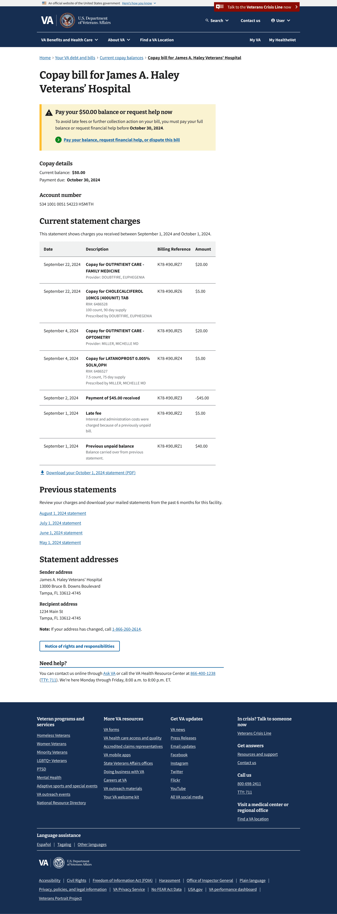 Screenshot of copay detail page