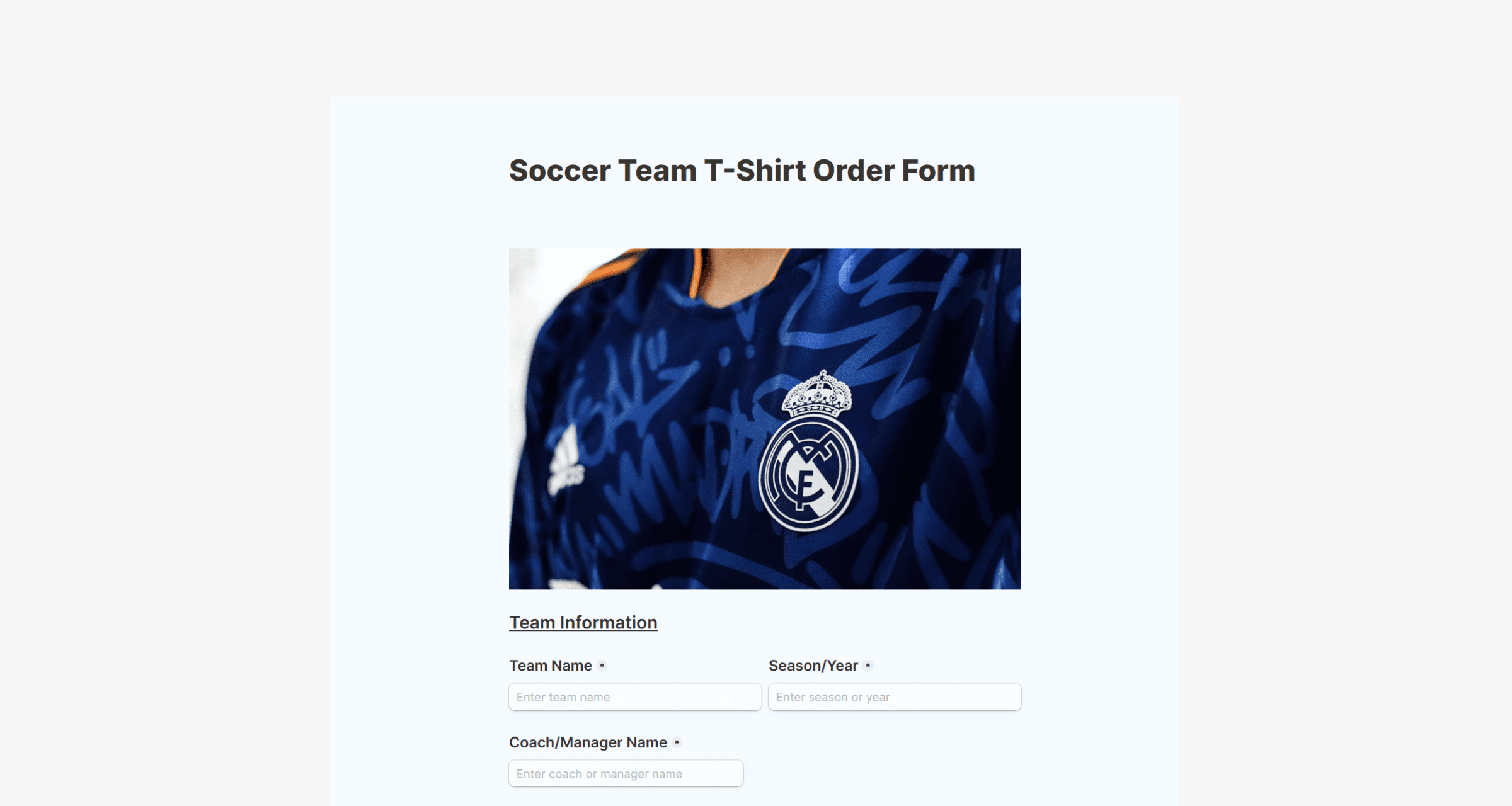 Soccer Team T-Shirt Order Form - Tally form template