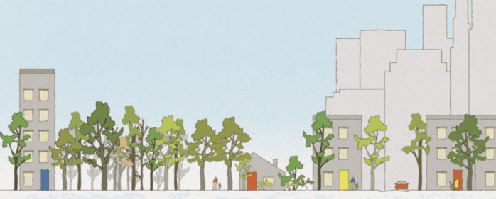 A drawing that shows all the different types of trees present in a city, from forested natural areas as the most forested, to landscaped parks, to trees in the yards of buildings, to street trees planted along the sidewalk. 