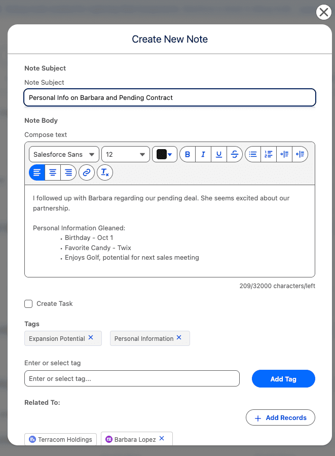 New Private Note screen including tags and multiple records
