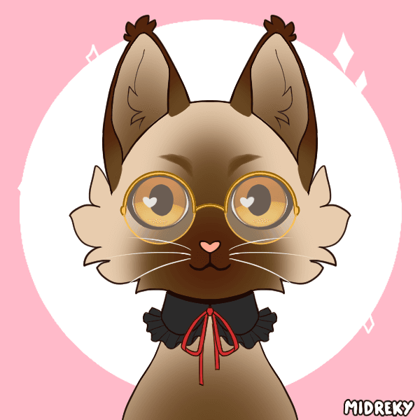 A cream and brown cat with gold glasses and a ribbon choker