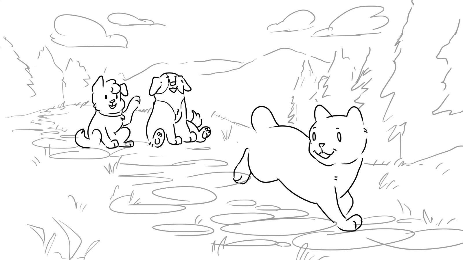 Bo depicted running down a stone path while looking back at Rex and Jack