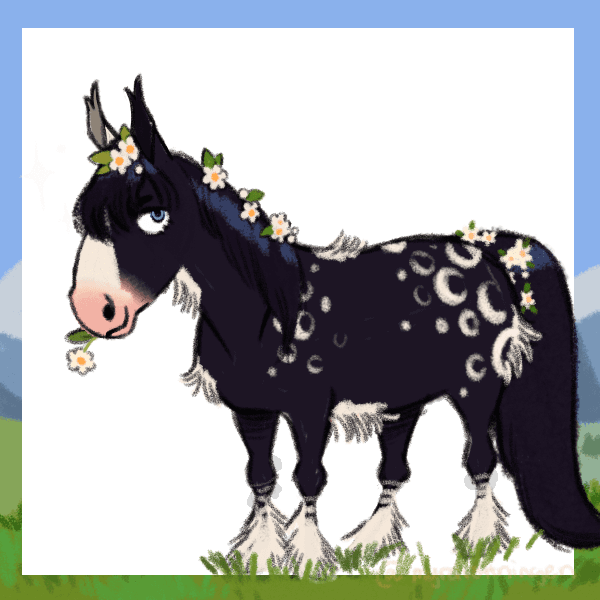 A black horse with a white streak running up it's face and pink nose. There's crescent shaped patterns on the horse, white long fur at his hooves, and flowers decorating her mane.