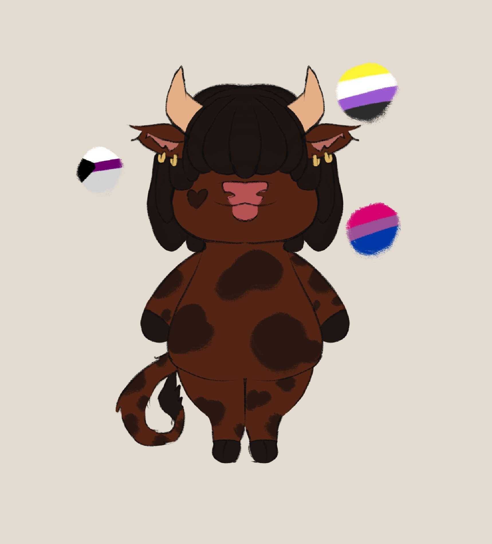 A brown cow with tall horns, black bangs cover it's eyes, a heart shape mark on it's cheek and with dark spots
