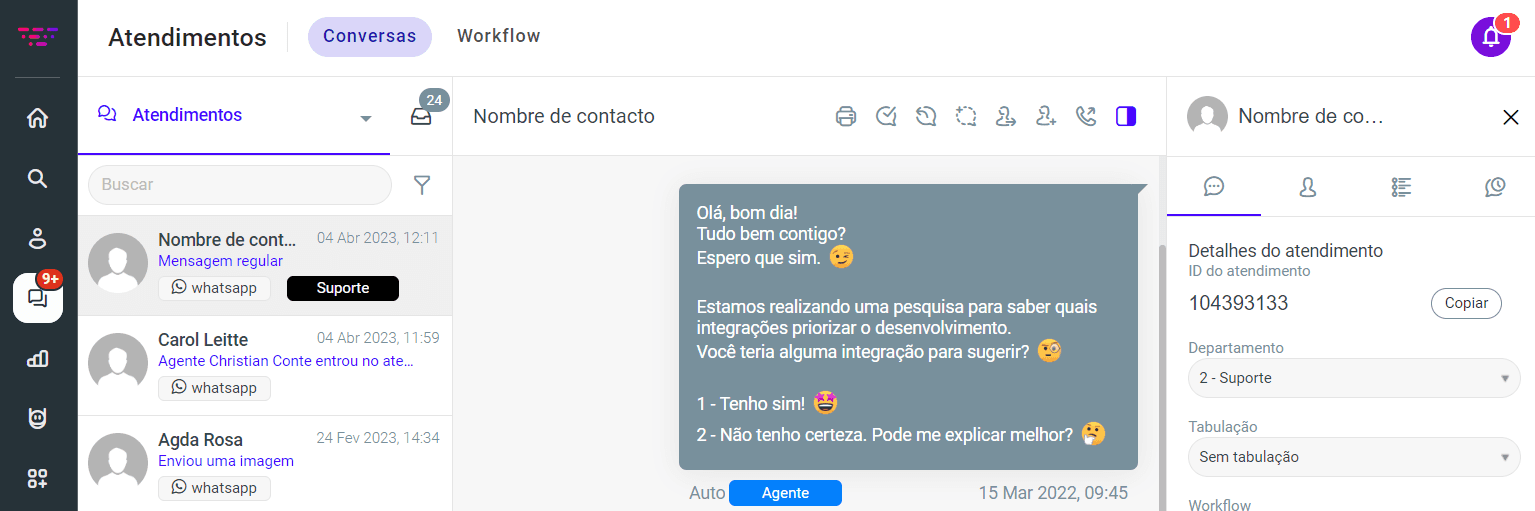 Imagem da página de conversas, dentro do módulo de atendimento.