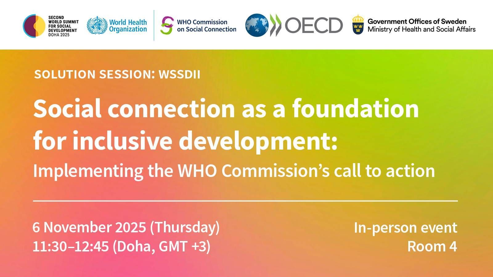 Banner for the WSSDII side event 'Social connection as a foundation for inclusive development: implementing the WHO Commission's call to action