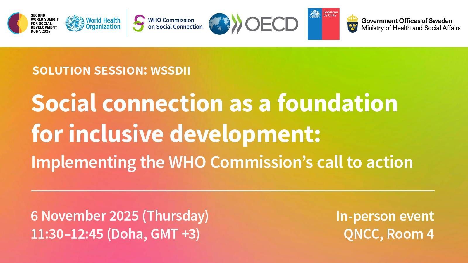 Banner for the WSSDII side event 'Social connection as a foundation for inclusive development: implementing the WHO Commission's call to action
