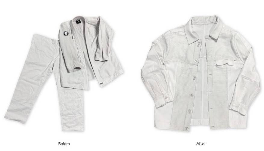 Example: Faisal had his old BJJ gi that is too small. He didn't know what is possible until he browsed through our catalogue and decided to merge the top and bottom together into a shirt. 