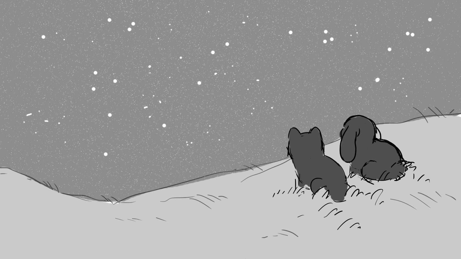Bo depicted sitting on a grassy hill at night, staring at the stars with Nadir